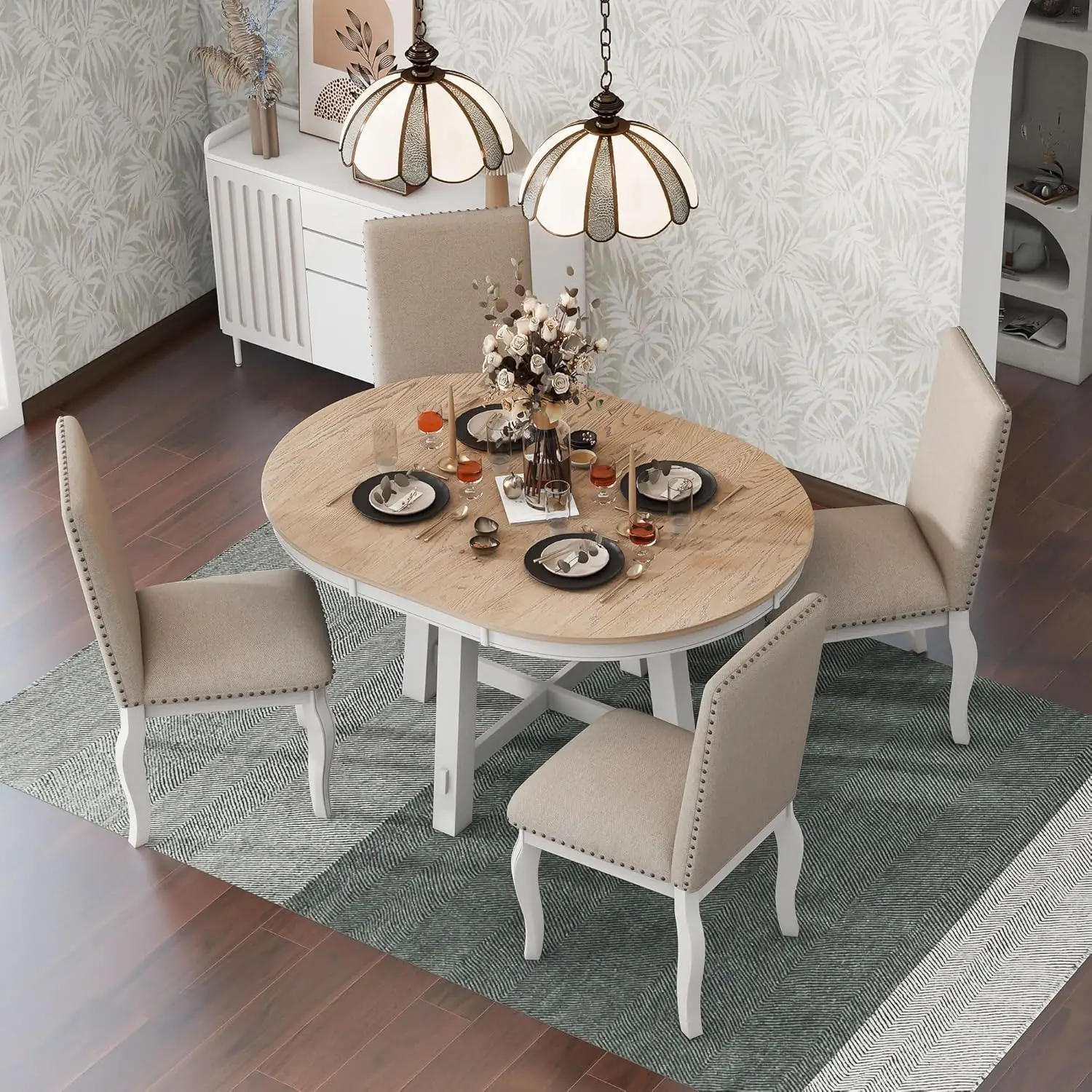 Description Picture 3 of item5-Piece Farmhouse Dining Table Set Wood Round Extendable Dining Table and 4 Upholstered Dining Chairs