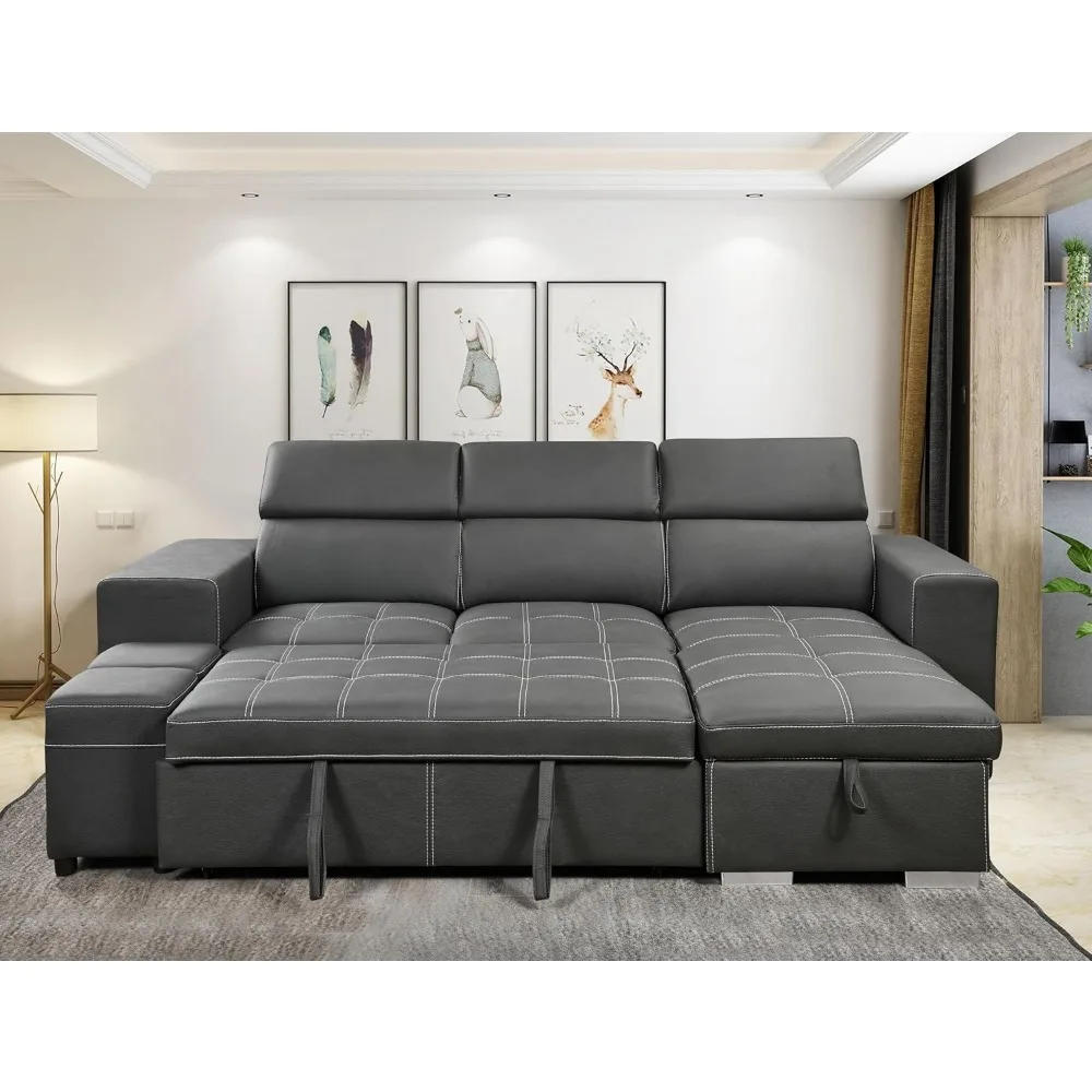 Description Picture 6 of itemSectional Sleeper Sofa with Pull-Out Bed, Chaise & Storage Ottoman 5 Seater L-Shaped Couch with Adjustable Headrest and Stools