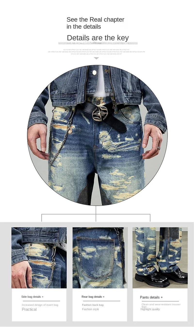 Description Picture 6 of item2024New American Retro Nostalgic Jeans Men's Spring Fashion Brand Loose Street Personalized Hip Hop Straight Wide-Leg Pants