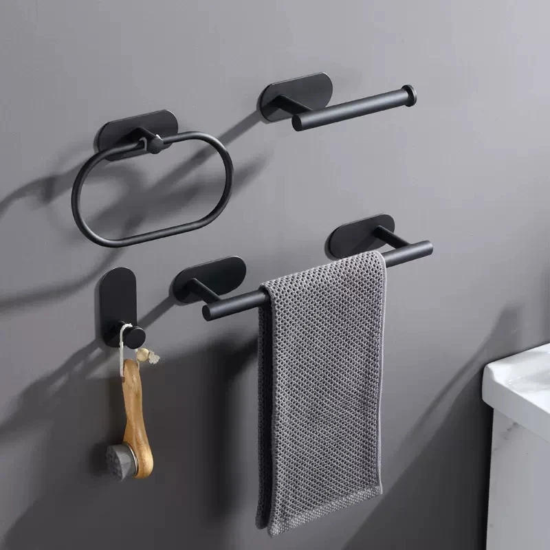Description Picture 2 of item5PCS Wall Mount Toilet Towel Paper Holder Adhesive Black Kitchen Roll Paper Stand Hanging Napkin Rack Bathroom Accessories WC