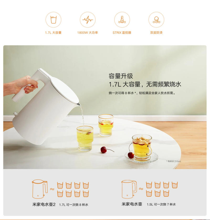 Description Picture 6 of itemXiaomi Mijia Electric Kettle 2 Household 1800W 220V 1.7L Capacity Stainless Steel Liner Tea Pot Anti-dry Power Outage Protection
