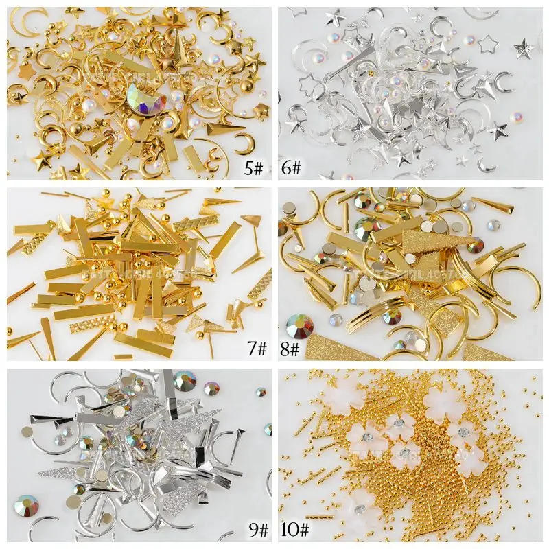 Description Picture 5 of item1 Pot Mix Shape Metal Leaf Caviar Beads Ball Bar Star Moon Acrylic Diamond Nail Art Rhinestones Gems Decorations Manicure DIY F#