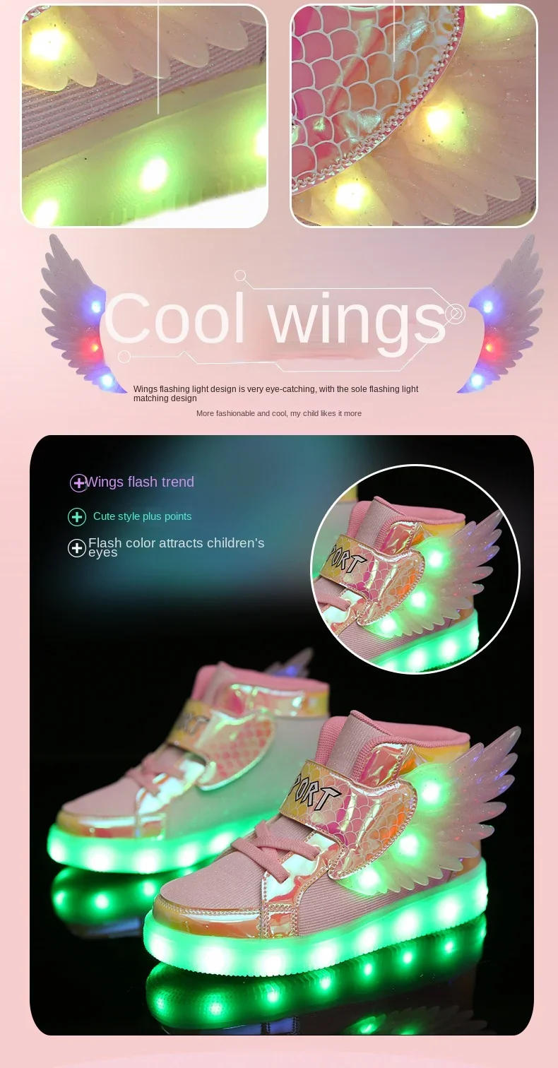 Description Picture 6 of itemWaterproof Leather Kids Luminous Shoes Sneakers Led Light Shoes with Wing USB Charging Casual Sports Shoes Girls Skateboard Shoe