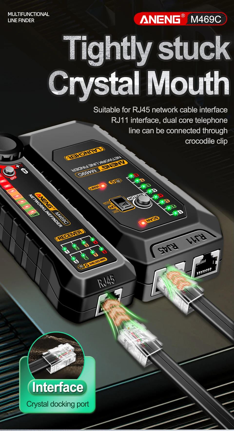Description Picture 6 of itemANENG M469C Multifunction Network Cable Finder Networking Tool RJ45 RJ11 LAN Cable Tester Trace Measure Network Repair Analyzers