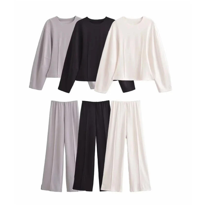 Description Picture 4 of itemCrop Top Pant Women's Two Pieces Sets Long Sleeve Round Neck Coat High Waist Wide Leg Trouser Outfit 2025 New Spring Streetwear