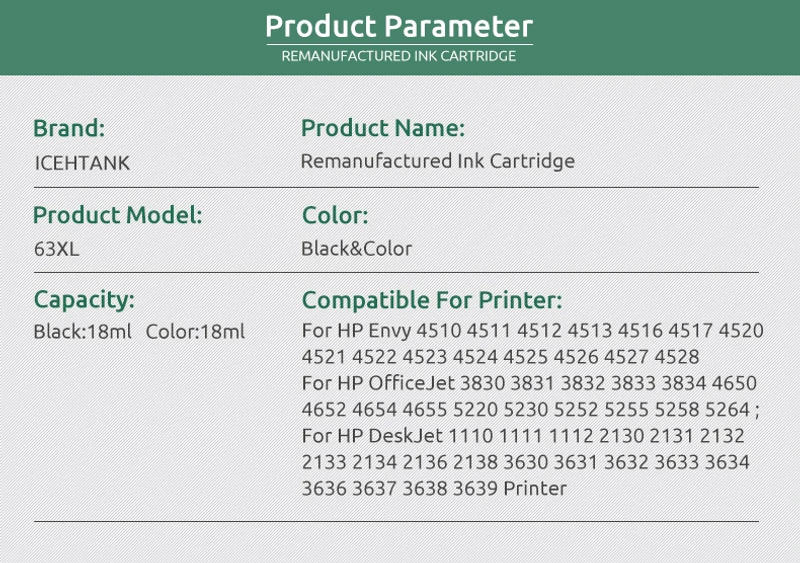 Description Picture 3 of itemIcehtank Refilled 63XL Ink Cartridge For HP 63 XL Officejet 5200 4652 4655 3830 4650 4656 4657 ENVY 4510 4511 4520 4522 4526