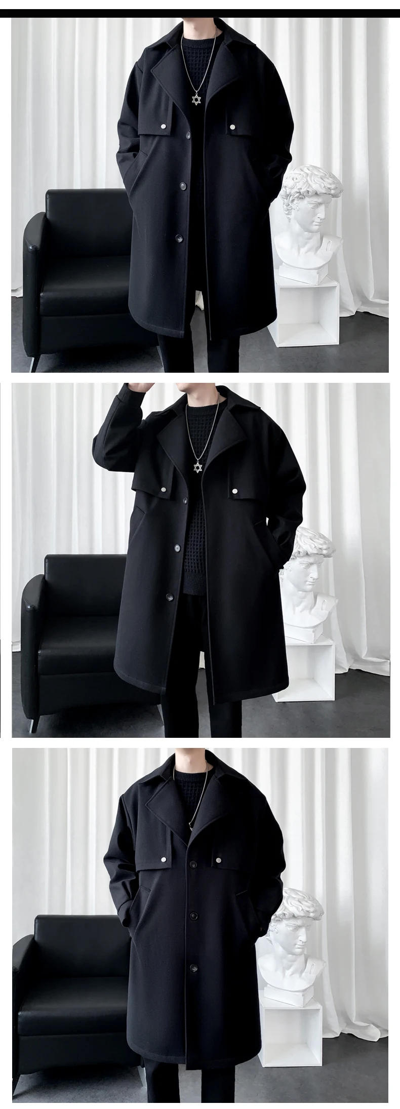 Description Picture 6 of itemAutumn and Winter New Solid Color Men's Medium-length Tweed Coat Fashion Trend Casual Youth Lapel Warm Coat