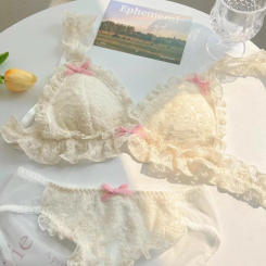 Japanese girl underwear female sweet cute pure desire without underwire bow lace edge thin bra set