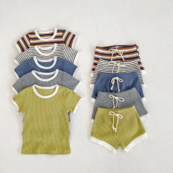 2024 Summer Baby Clothing Set Boys Track Suit Waffle Girls Casual Stripe Tee And Shorts 2 Pcs 0-3 Y