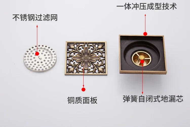 Description Picture 6 of itemEuro Floor Drains Antique Brass Shower Floor Drain Bathroom Deodorant Euro Square Floor Drain Strainer Cover Grate Waste