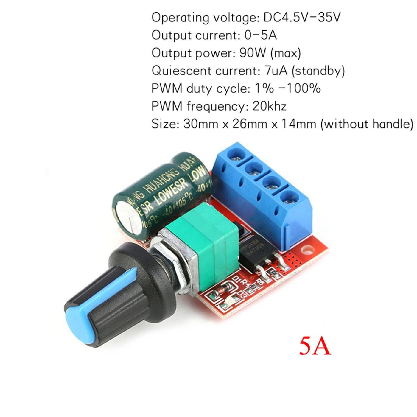 Description Picture 2 of itemMini DC-DC 4.5V-35V 5A 90W PWM DC Motor Speed Controller Module Speed Regulator Control Adjust Board Switch 12V 24V PN35
