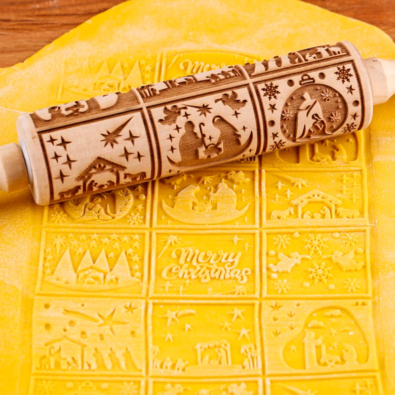Description Picture 5 of item35X4.5CM 9 Grids Christmas Jesus Snowflake Angel Deep Engraved Wooden Embossed Cookies Rolling Pin for Baking 3D Mold