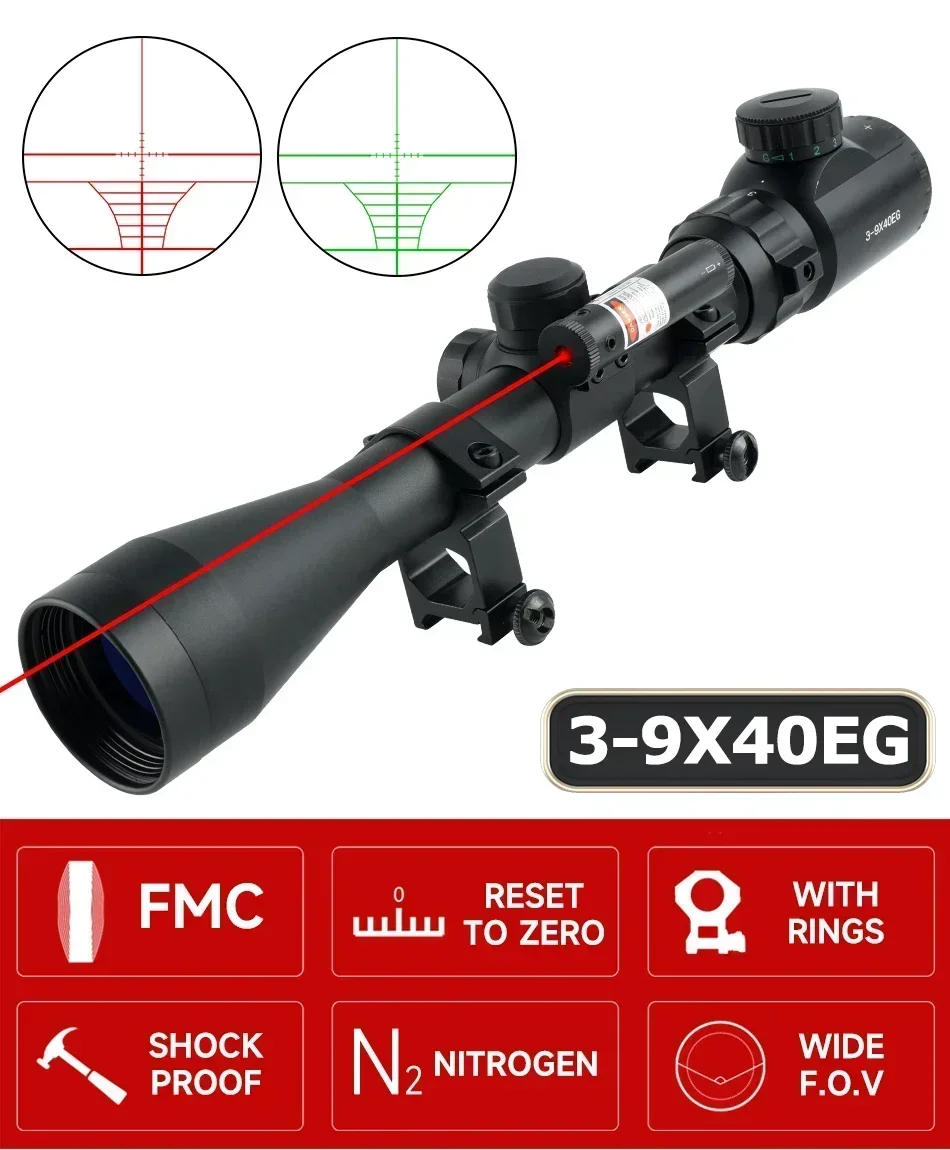 Description Picture 4 of item3-9x40EG with Laser Scopes Red/Green Reticle Rifle Scope Tactical Optics Riflescope Airsoft Sight for Hunting 11mm/20mm Rail