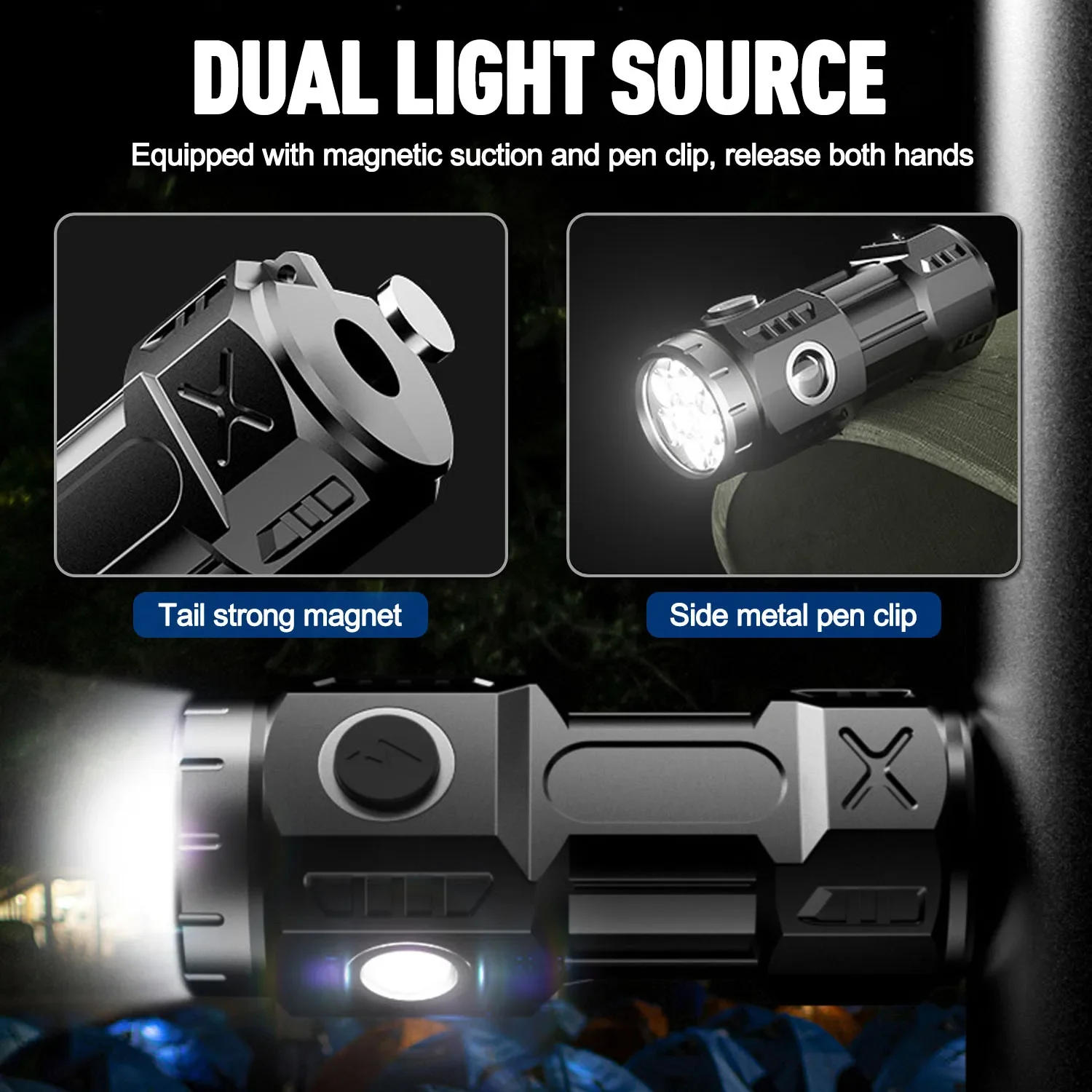 Description Picture 4 of itemMost Powerful 4/6/8*P35 LED Flashlight Portable Mini Flashlights USB Rechargeable Torch with Tail Magnet Waterproof Work Light
