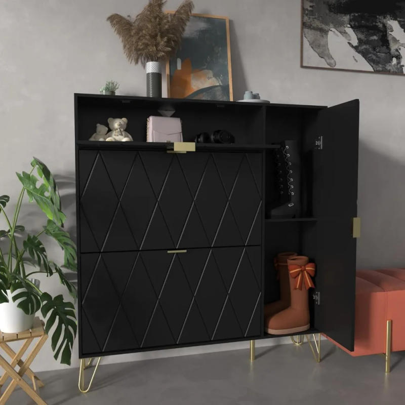 Description Picture 4 of itemShoes Storage Cabinet with 3 Flip Drawers & Boot Rack,Freestanding Modern Shoes Organizer with Metal Legs, Black Entryway Shoe