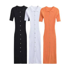 TRZA-Ribbed Knit Midi Dress with Buttons for Women, Polo Collar, Short Sleeve, Female Dresses, Chic Fashion