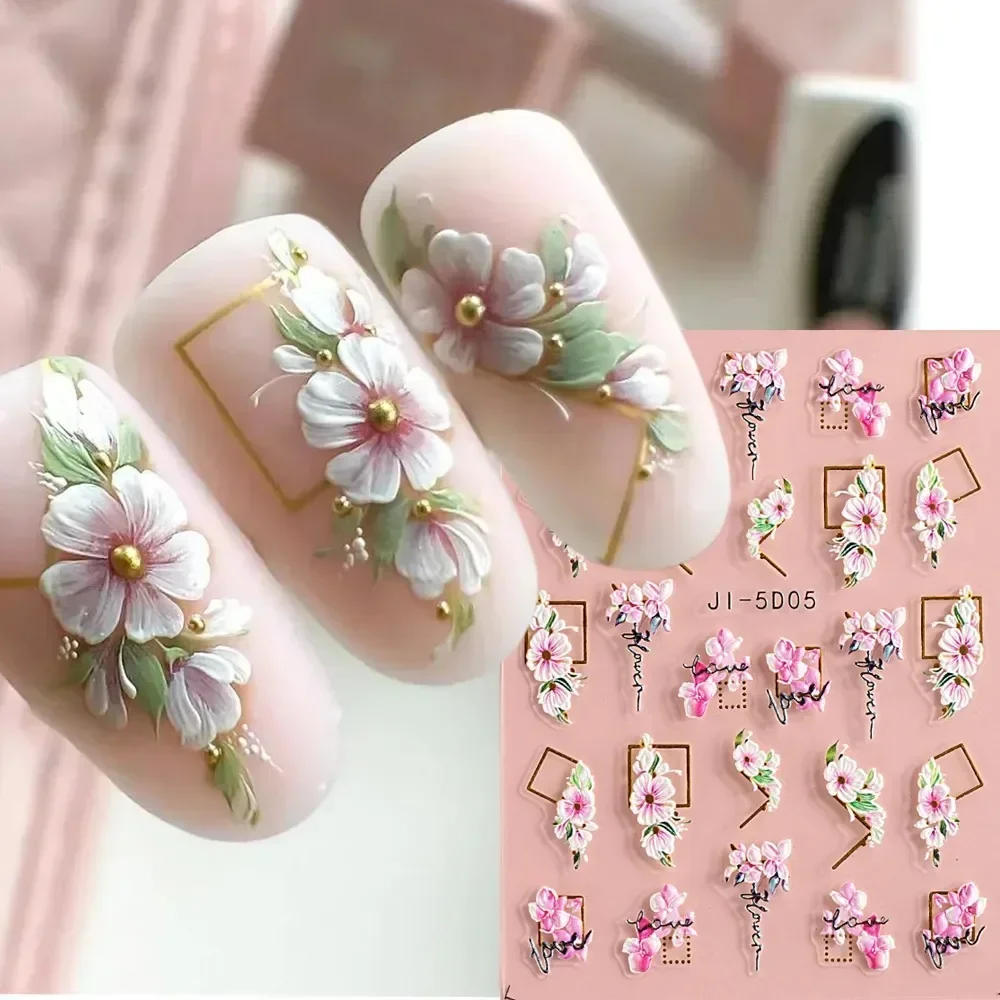 Description Picture 2 of item5D Nail Stickers Flowers Geometric Lines Decor Acrylic Embossed Sliders Gold Frame Nail Decals Cherry Blossom Manicure Nail Art