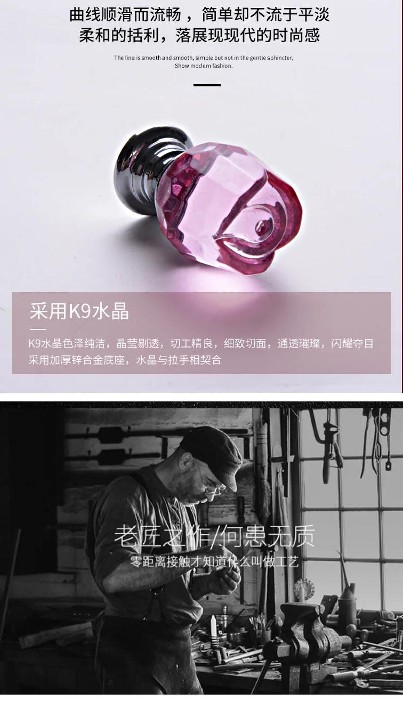 Description Picture 3 of item8 Pcs/Set Door Knobs Pink Rose Crystal Glass Kitchen Cabinet Pulls Drawer Furniture Handle 22MM w/8x20mm 8 x Screws