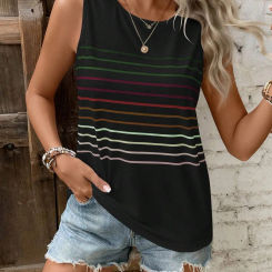 2024 Europe and the United States spring and summer cross-border crew-neck printed stripes multi-color vest T-shirt woman