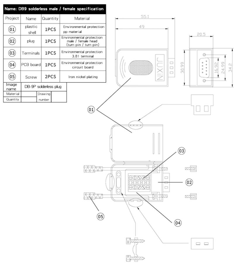 Description Picture 2 of itemDB9 RS232 Connector D-SUB 9 Pin Male Female Plug RS485 Breakout Terminals 21-24 AWG Wire Solderless Connectors