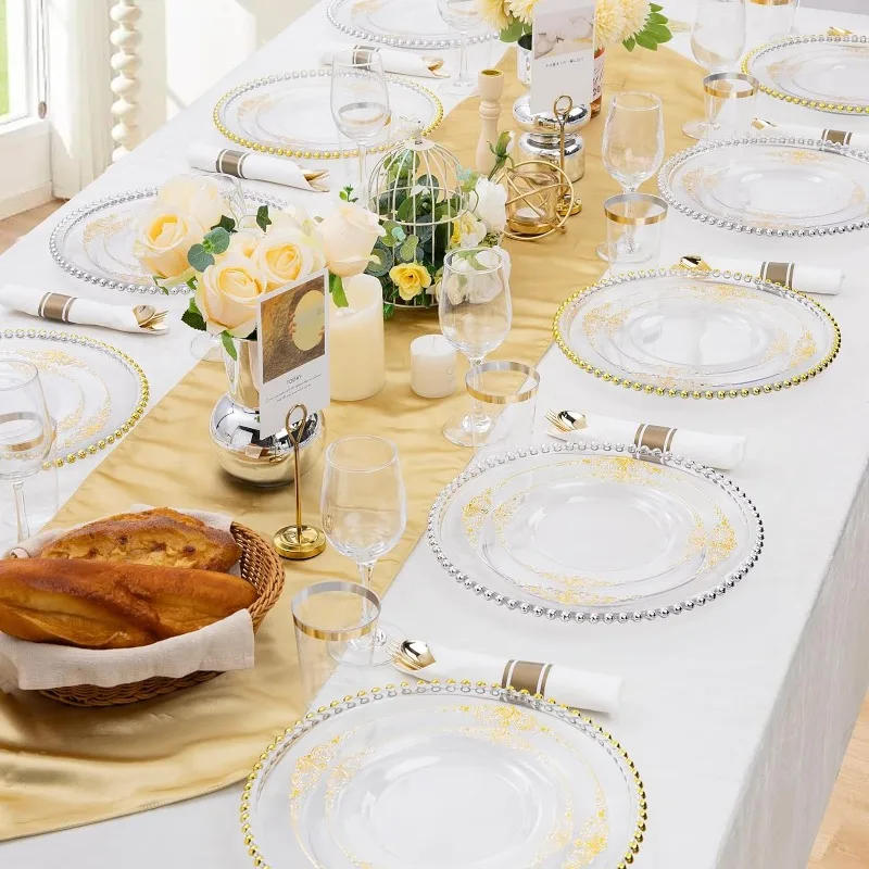 Description Picture 5 of item350pcs Plastic Plates, Disposable Plates with Trim, Includes: Dinner Plates, Dessert Plates, Cups, Rolled Napkin Cutlery