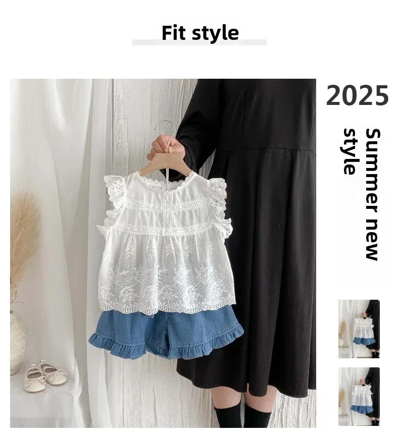 Description Picture 2 of itemGirls' summer thin shirt set, new children's trendy air puff flying sleeve top, denim skirt, two piece outdoor set