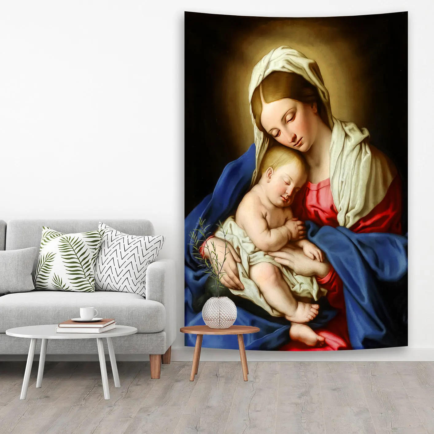 Description Picture 2 of itemQdDeco Mother Of Christian Faith Jesus Hanging Tapestries Blessed Virgin Mary Printed Wall Cloth Home Decorations