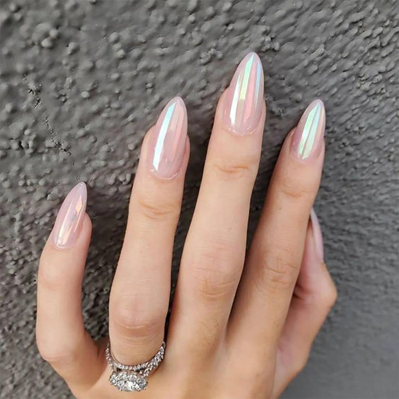 Description Picture 2 of item24Pcs Mid-length Stiletto Fake Nail with Jelly Glue Aurora Pure White Design Almond False Nails Wearable Oval Press on Nails