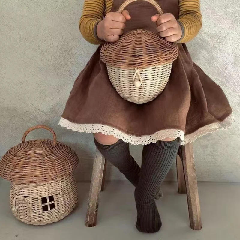Description Picture 6 of itemCute Rattan Mushroom Basket Hand Woven Wicker Storage Baskets Beach Straw Organizer Box for Kids Summer Vacation Picnic Basket