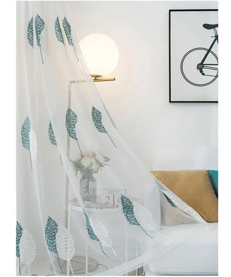 Description Picture 6 of itemEmbroidered Screen Window Screen Blue White Double Tree Gauze  Tulle 1PC Curtains Living Room Bedroom Balcony Bay Window Leaf