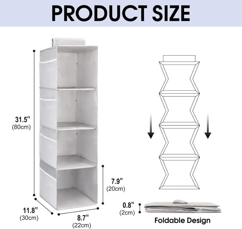 Description Picture 5 of itemSimple Houseware Hanging Closet Organizers Storage Gray Foldable 4 Shelves Closet Hanging Storage Shelves with Mesh Pockets