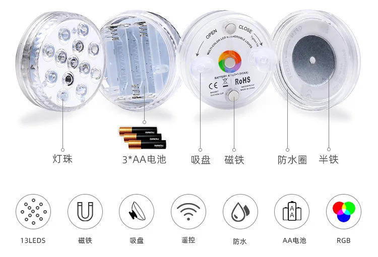 Description Picture 5 of itemRGB LED Underwater Light 10LEDs Submersible Night Lamp Battery Powered Garden Swimming Pool Lights For Wedding Party Vase