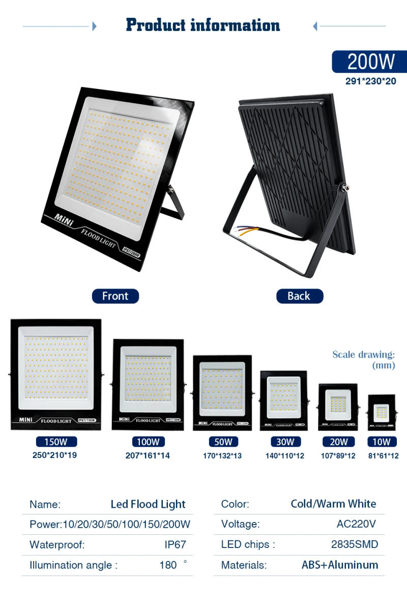 Description Picture 3 of itemLED Flood Light AC220V 10W 20W 30W 50W 100W 150W 200W Outdoor Led Floodlight Spotlight IP67 Waterproof Street Lamp Wall Lighting