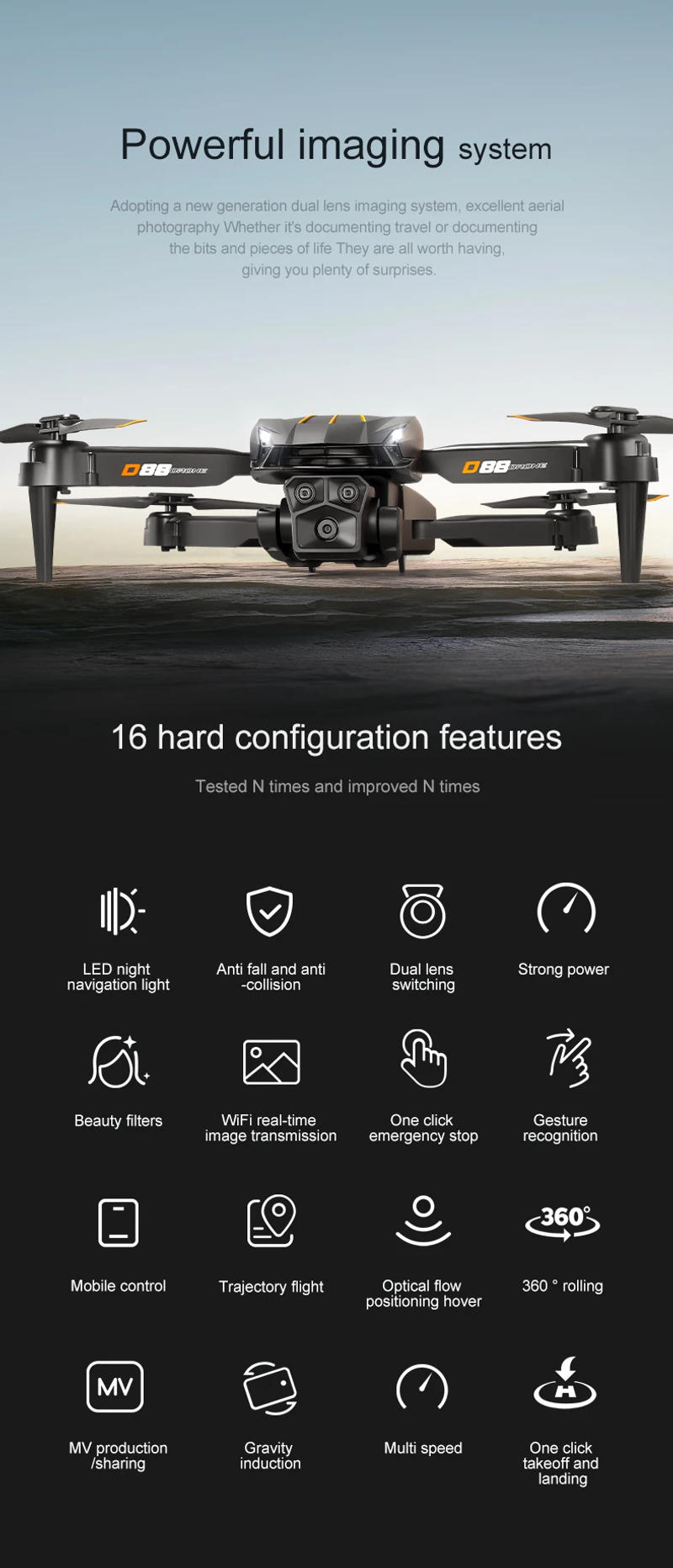 Description Picture 5 of itemIconic Brand MIJIA D88 Drone 8K HD Dual Camera Professional Aerial Photography Optical Flow Hovering Gesture Shoot Folding Quadcopter