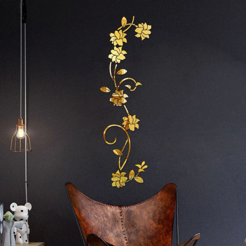 Description Picture 4 of item3D Mirror Wall Sticker Flower Art Removable Acrylic Mural Decal Home Room Decor Gold Silver Black Bedroom Bathroom Decoration