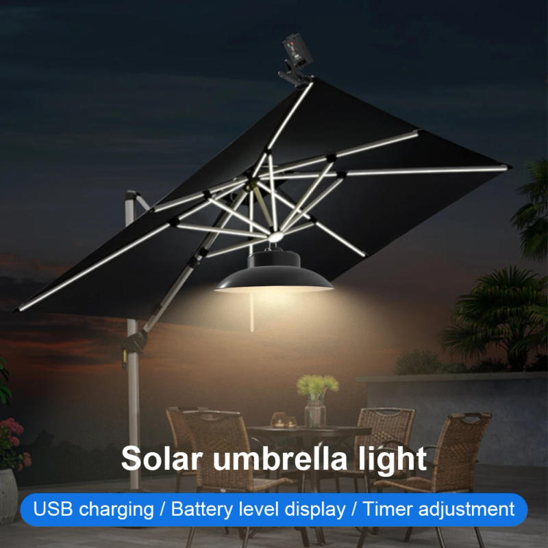 Description Picture 6 of itemSolar Powered Patio Umbrella Light USB Charging Clip-On Umbrella Lamp IP65 Waterproof Power Display for Beach Camping Tent Party