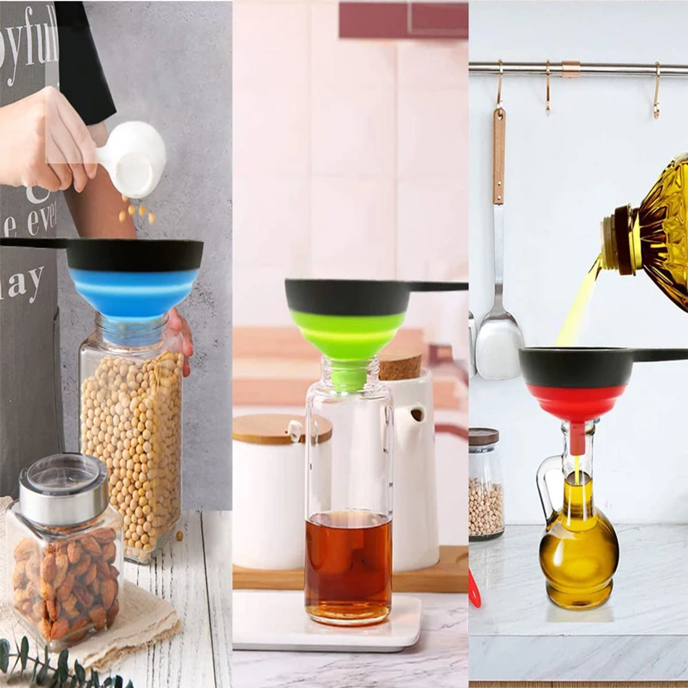 Description Picture 5 of item3Pcs/Set With 3 Size Kitchen Funnel Silicone Folding Telescopic Funne Powder Liquid Wide Mouth Jam Funnel Kitchen Utensils