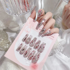 Glitter Fairy Rhinestone False nail Tips for Bride lady Wearable Sweet Crystal Design Press on Nails Mid Length Fake Nail Patch