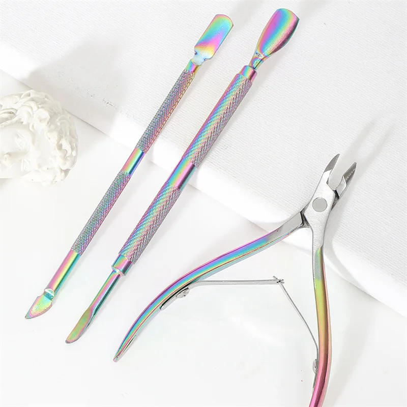 Description Picture 4 of item3pcs Set Rainbow Stainless Steel Nail Cuticle Scissors Pushers Dead Skin Gel Polish Remover Nail Art Manicure  Care Tools