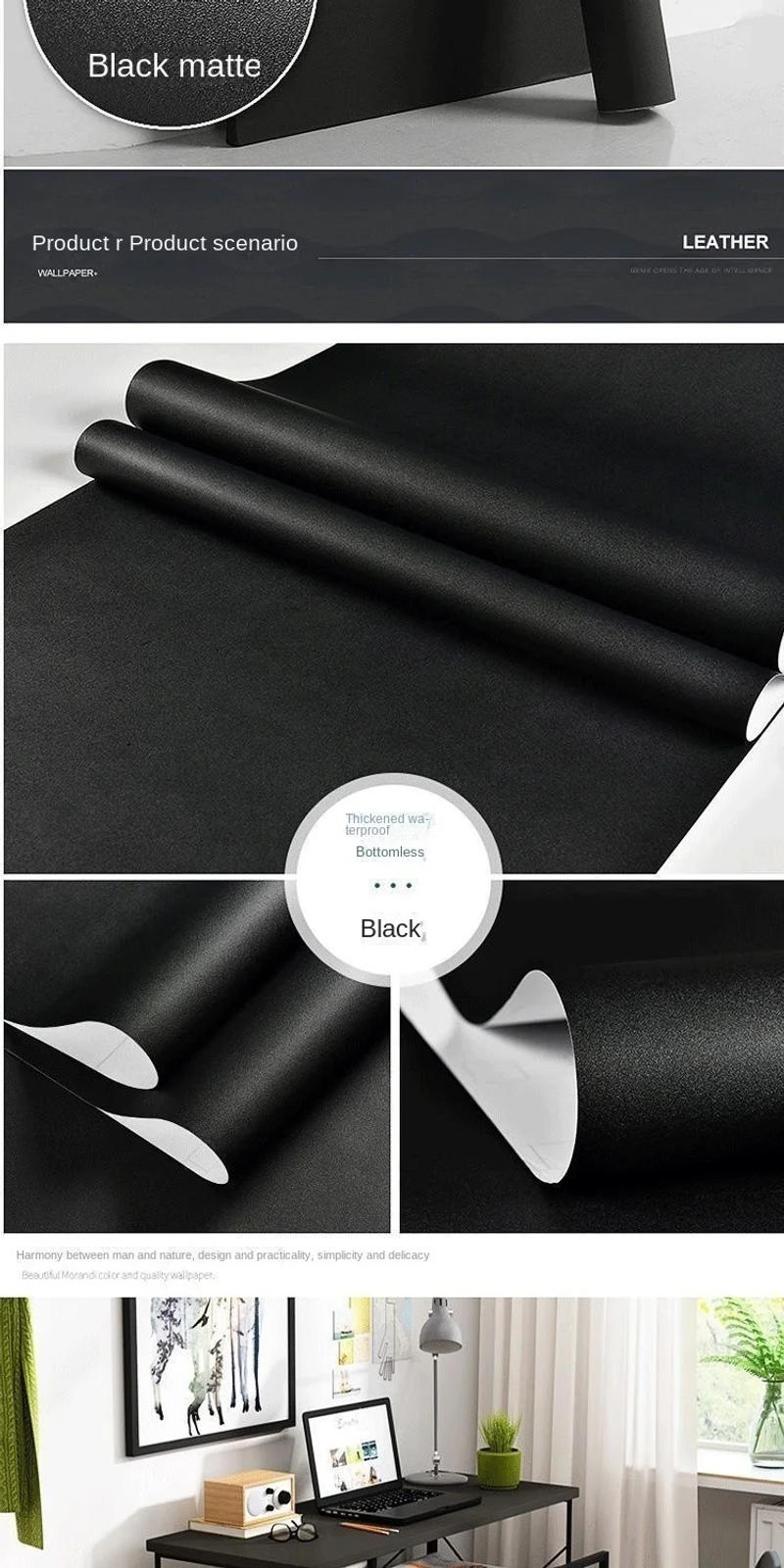 Description Picture 5 of itemMatte Black Waterproof Thick Vinyl Self Adhesive Wallpaper Muebles Renovation Oil Proof Kitchen Cabinets Armoire PVC Stickers