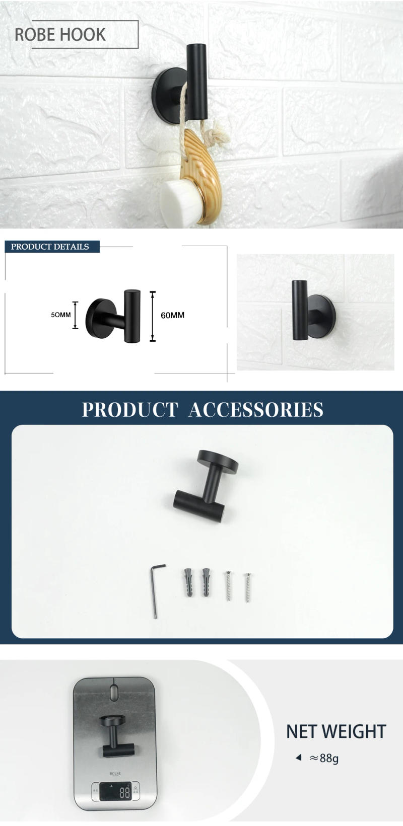 Description Picture 6 of itemMatte Black 4-Piece Set Bathroom Accessories 304 Stainless Steel Wall Mount Toilet Paper Holder Towel Bar Ring Robe Hook