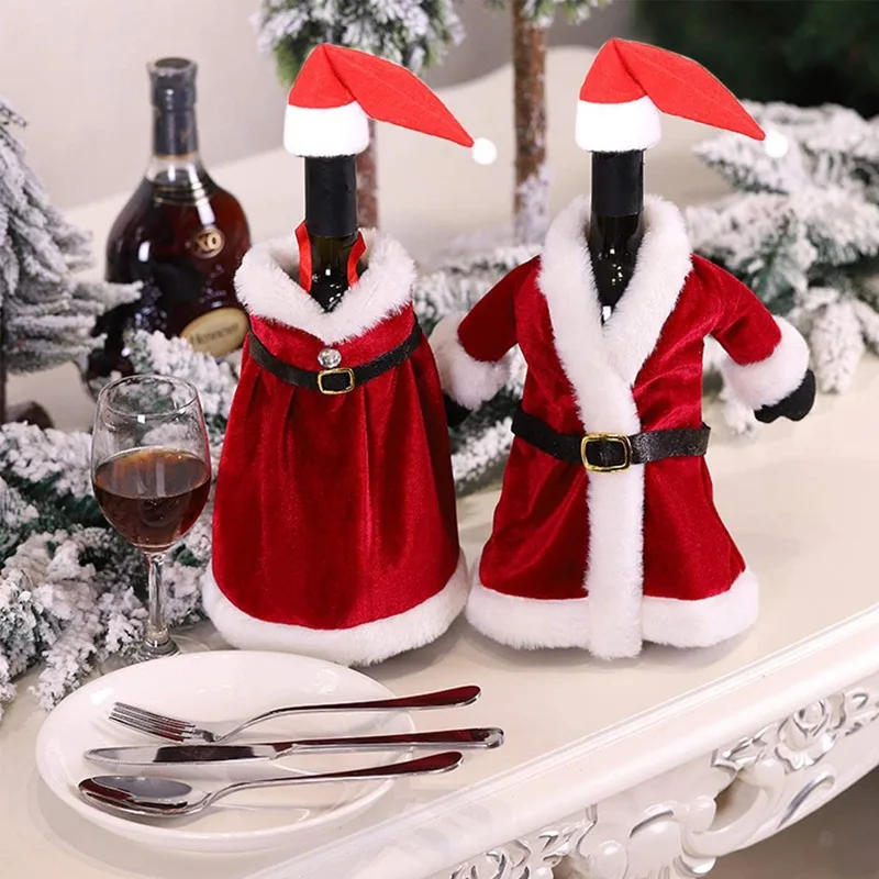 Description Picture 4 of item6/1pc Christmas Wine Bottle Cover Red Velvet Dress Clothes Bottles Bags for Xmas Dinner Table New Year Party Home Decoration
