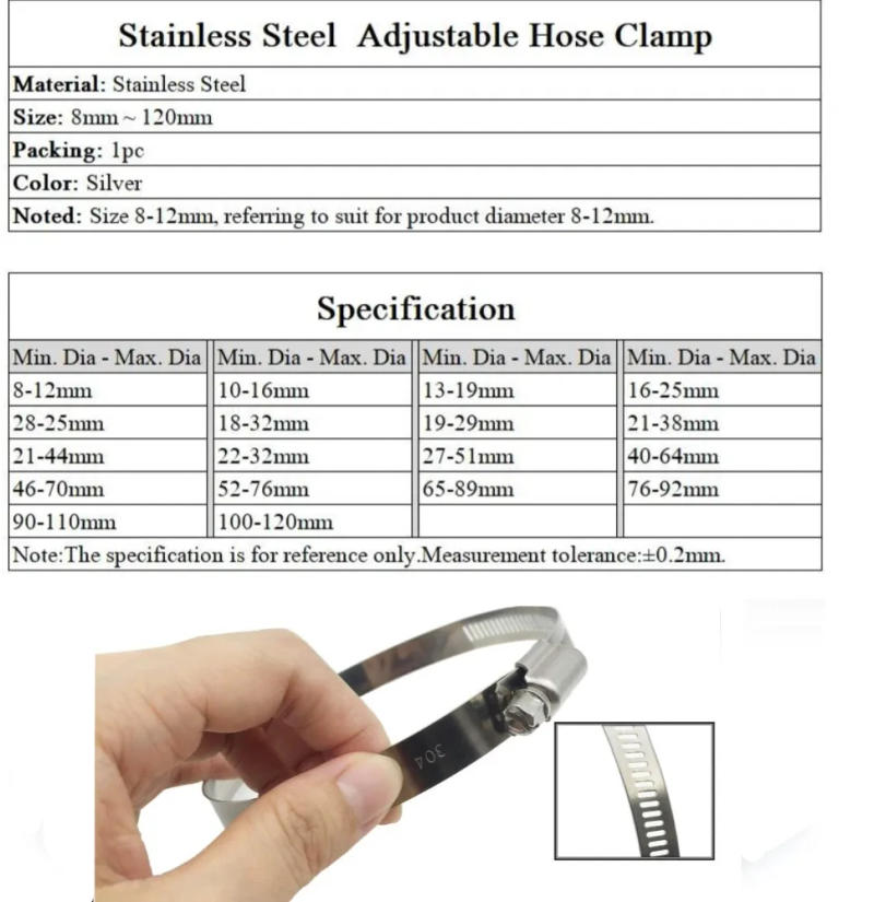 Description Picture 2 of item8mm ~ 120mm Stainless Steel Drive Hose Clamps Adjustable Water Pipe Tri Gear Worm Fuel Tube  Spring Cramps Fixed Clip