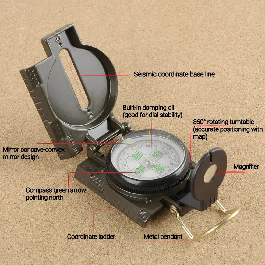 Description Picture 5 of itemNew Portable Compass Outdoor Camping Folding Compass Green Hiking Survival Trip Precision Navigation Expedition Tool