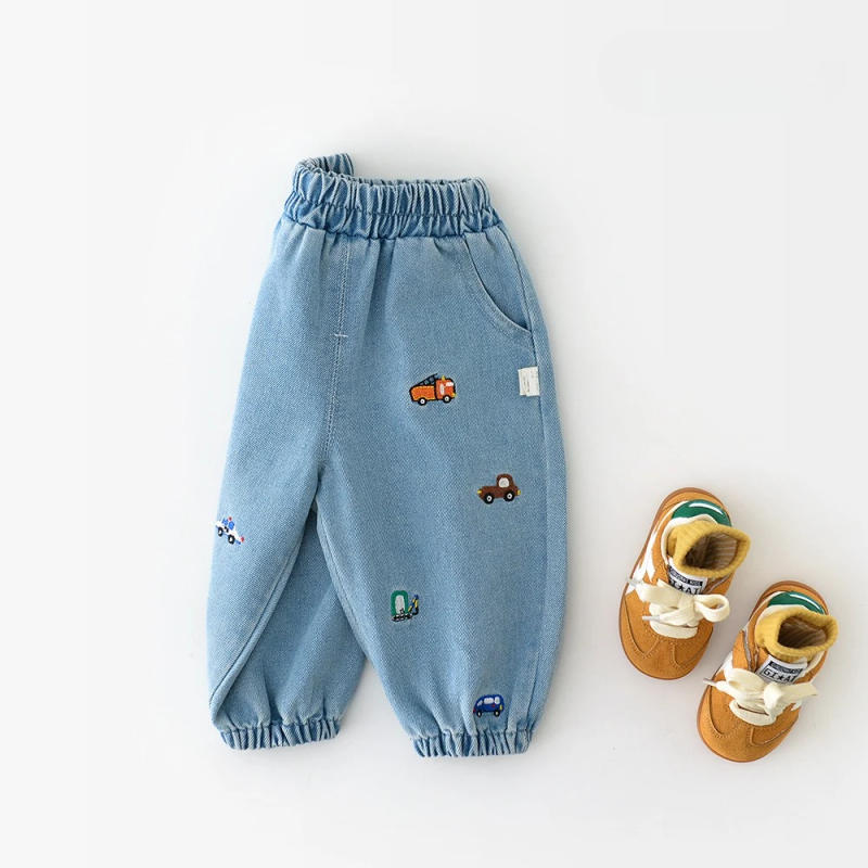 Description Picture 5 of item2025 Autumn New Baby Pants Cartoon Car Embroidery Girls Jean Pants Cute Boys Denim Trousers 9M -3T Children Elastic Waist Jeans