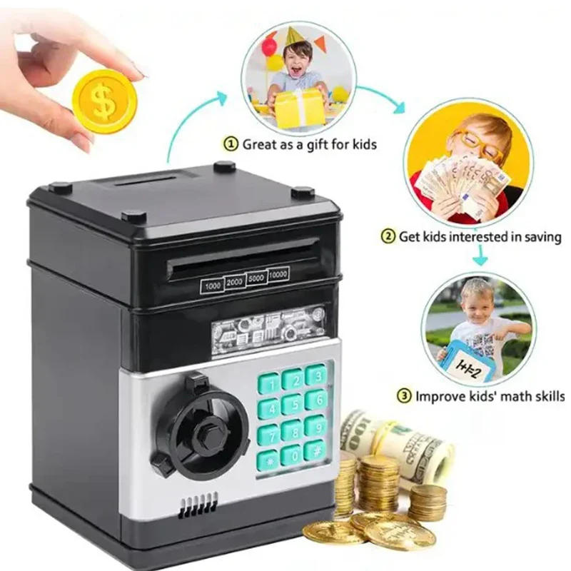 Description Picture 4 of itemCreative Piggy Bank Automatic Mini Safe Coins Cash Saving Money Box Password Counter Code Key Lock Coin Bank ATM Child Gift