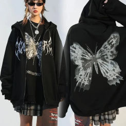Cross-Border Hooded Zipper Cardigan Sweatshirt Women's Autumn/Winter Fleece-Lined And Thickened Loose-Fit Versatile Medium-Lengt