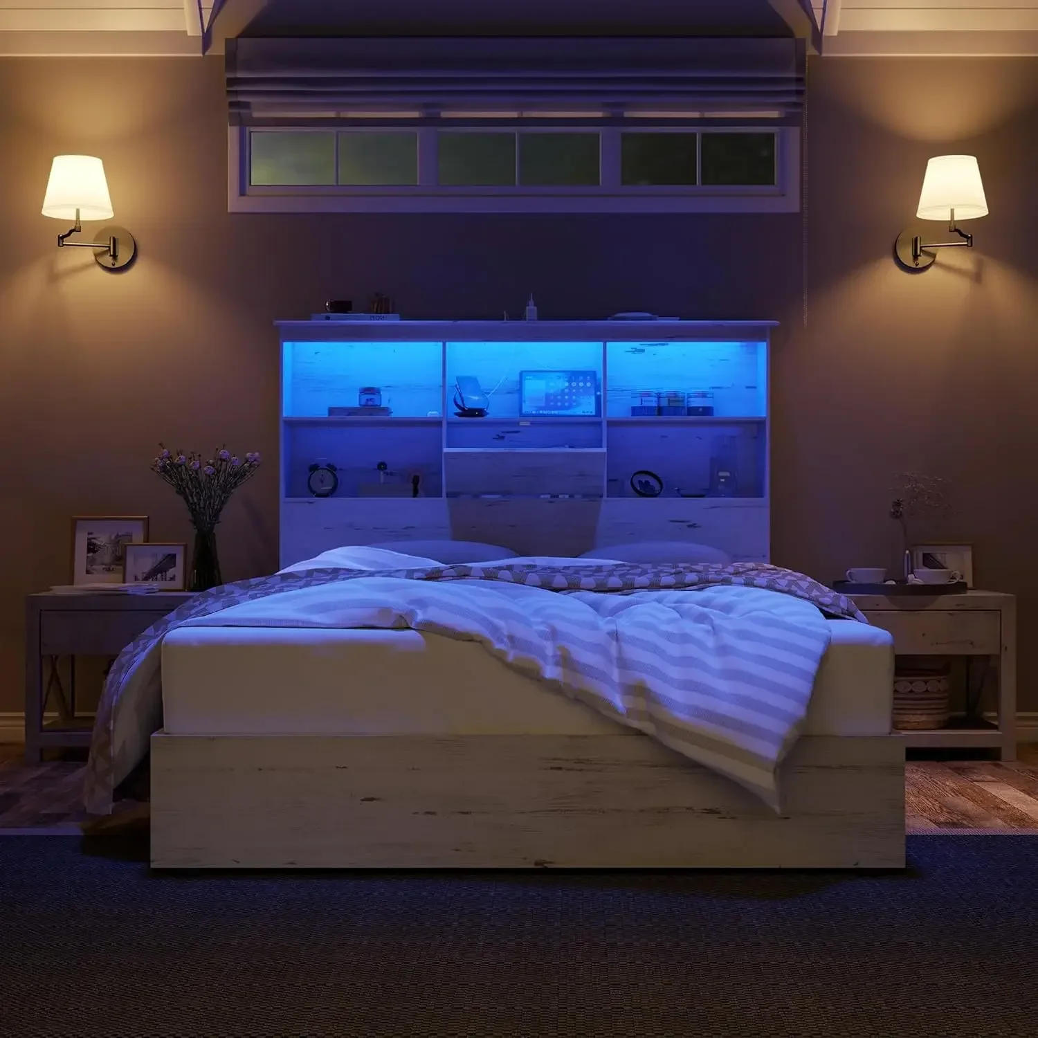 Description Picture 4 of itemQueen Size Bed Frame Wooden Platform Bed with 51.2" LED Storage Bookcase Headboard, 4 Storage Drawers & Charging Station, White