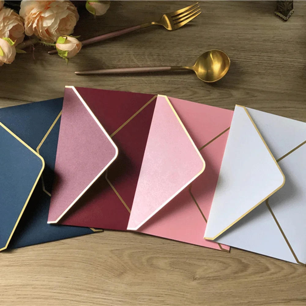 Description Picture 4 of itemThickened A7 Envelope 5 x 7" Solid Color Gold Border V Flap Greeting Card Envelope for Wedding Invitation Baby Shower Graduation