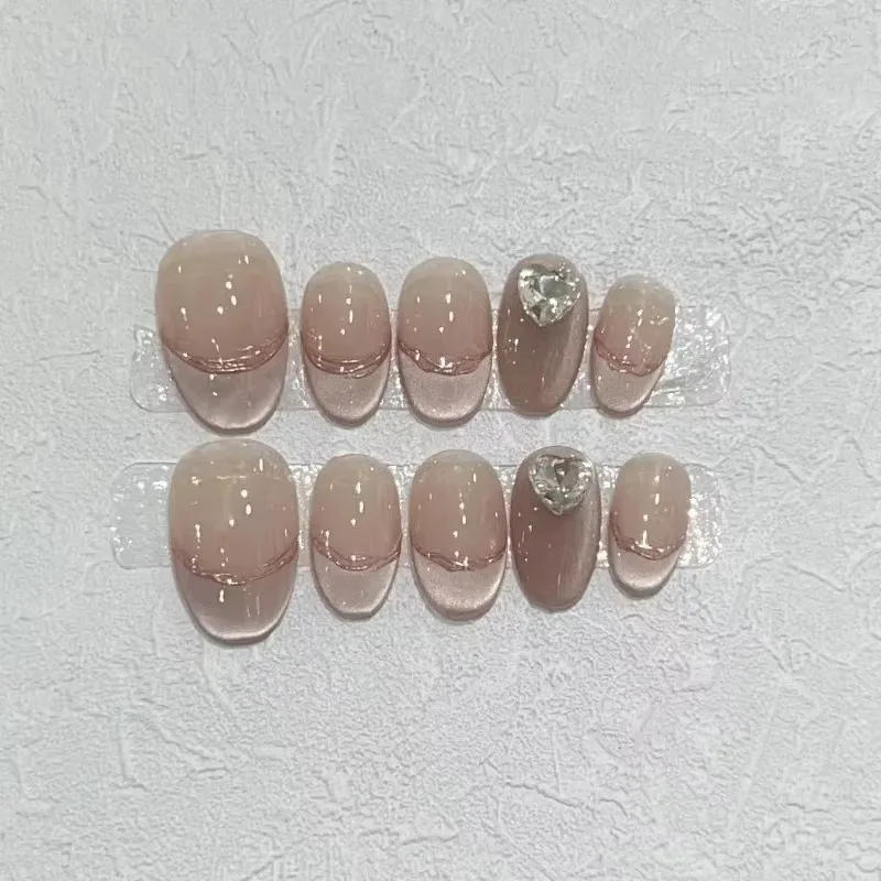 Description Picture 4 of item10Pcs Short Oval Handmade Press On Nails Full Cover Cat Eye Design Rhinestone French False Nails Wearable Manicure Nail Tips Art